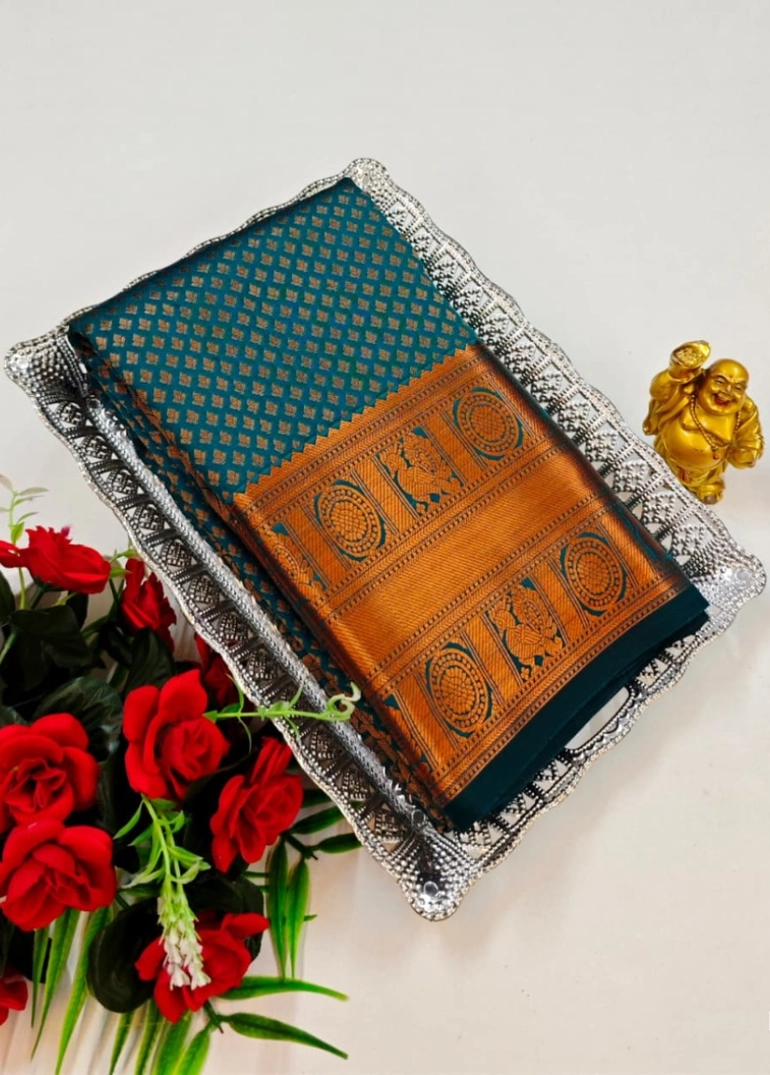 Bridal silk gold silvar and copper zari weave and wedding art silk sarees - peacock green